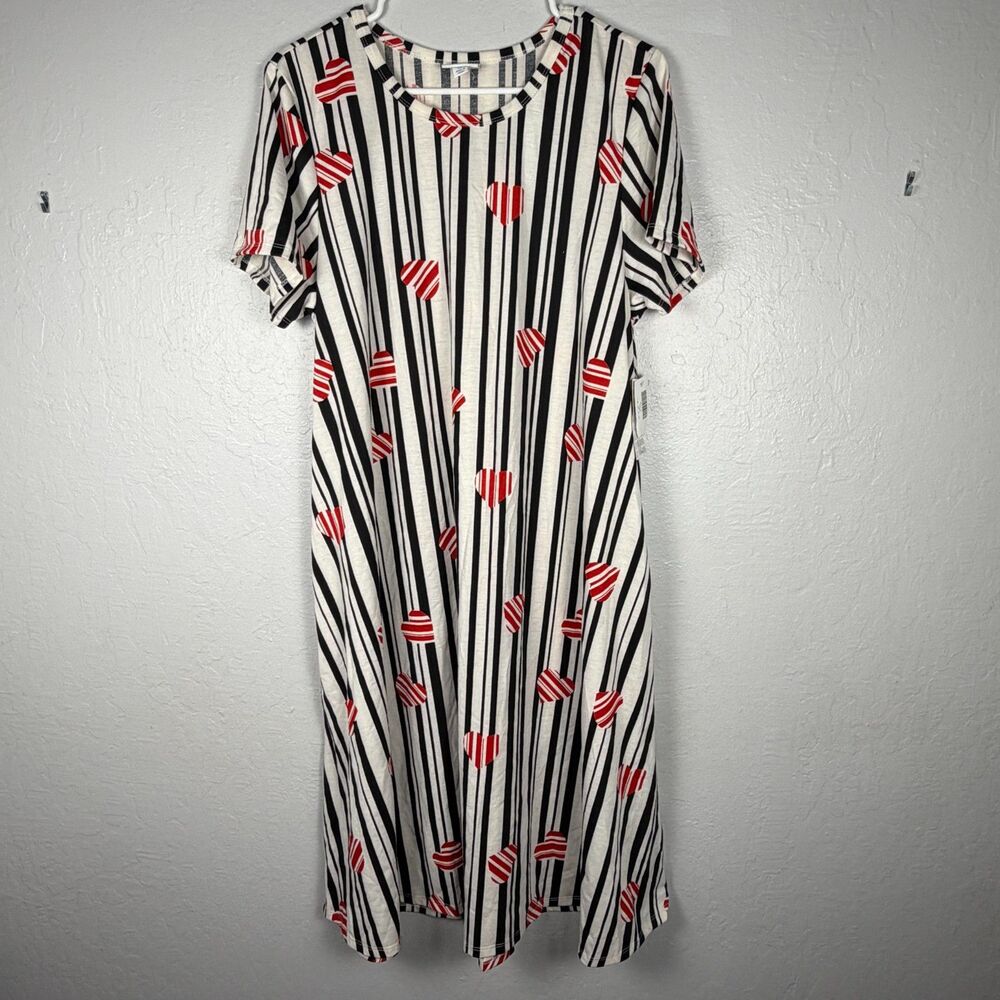 LuLaRoe Jessie Dress XL NWT Black White Stripe Red Heart Print Short Sleeve